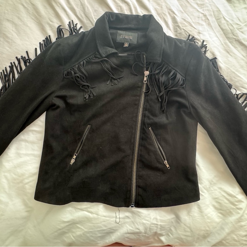 Black Suede Moto Style Fringe Jacket